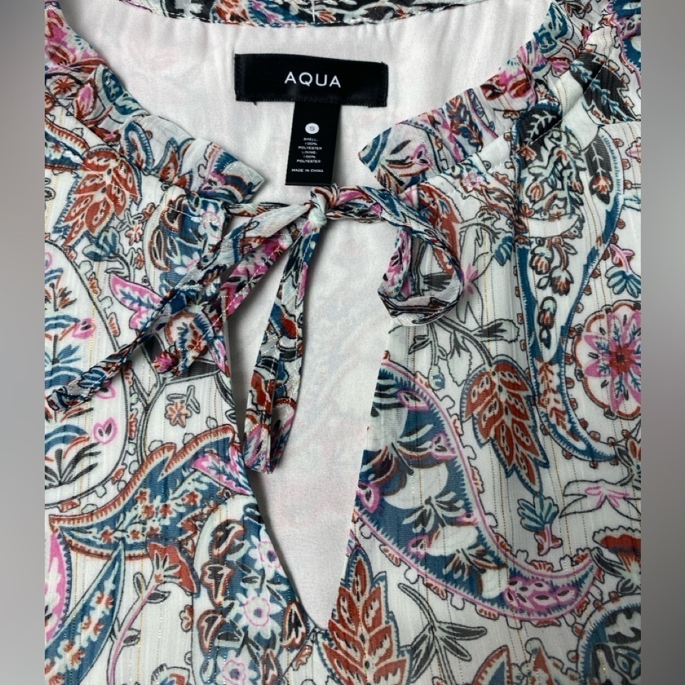 Aqua Paisley Lace Trim Top Women's S White Multi Split Tie Neck Long Sleeve - Picture 4 of 16